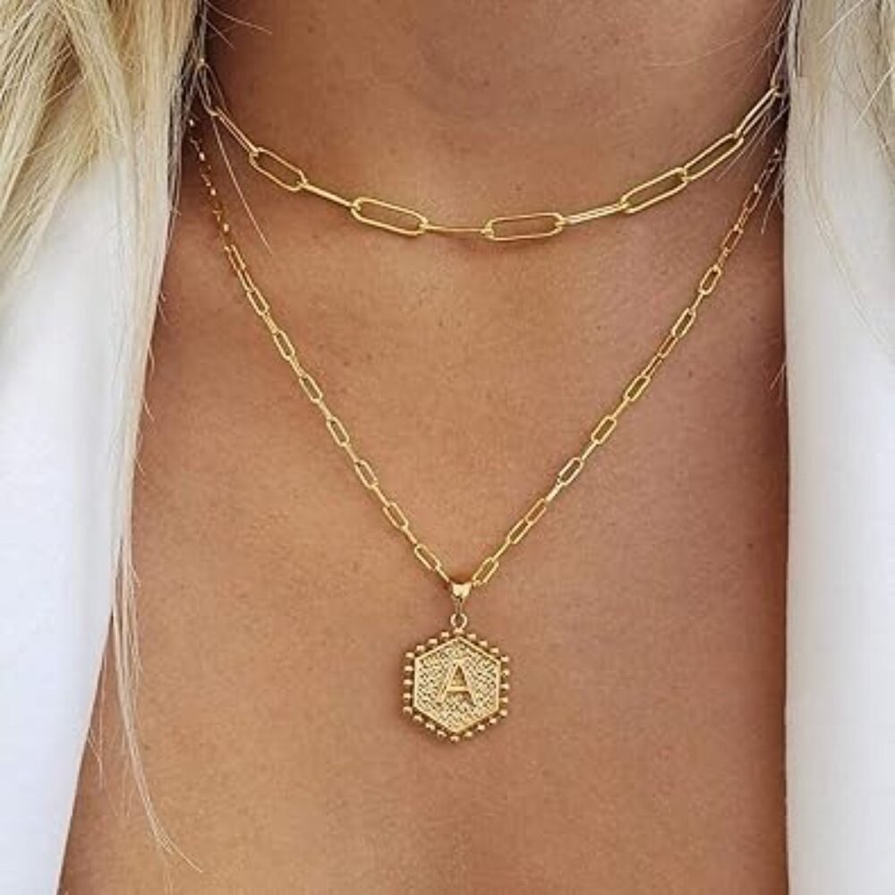MOOHAM Dainty Gold Initial O Necklace - 14K Gold Plated Layered Hexagon Pendant - Picture 6 of 7